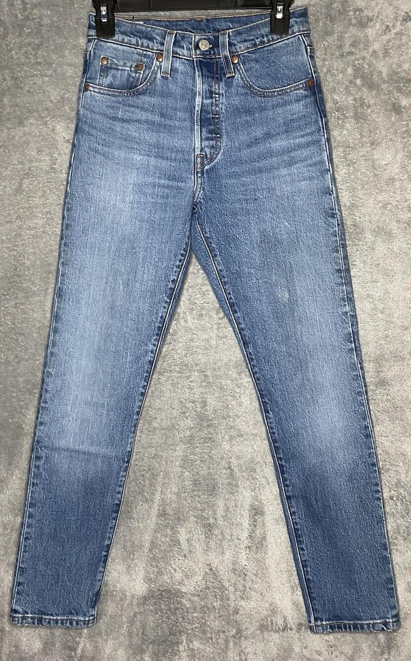 Levis 501 S Skinny Womens 24x28 Medium Wash Button Fly Blue Jeans 99% Cotton
